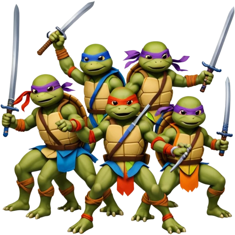 Vector emoji sticker of 4 Ninja Turtles: Leo (blue/swords), Raph (red/sais), Donnie (purple/staff), and Mikey (orange/nunchucks). Action poses, NYC rooftop, pizza box, bold comic style, white border. emoji