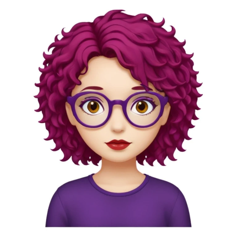 girl, almond brown eyes, red rectangle glasses, curly mid-short hair, deep purple hair, red top, casual-goth emoji