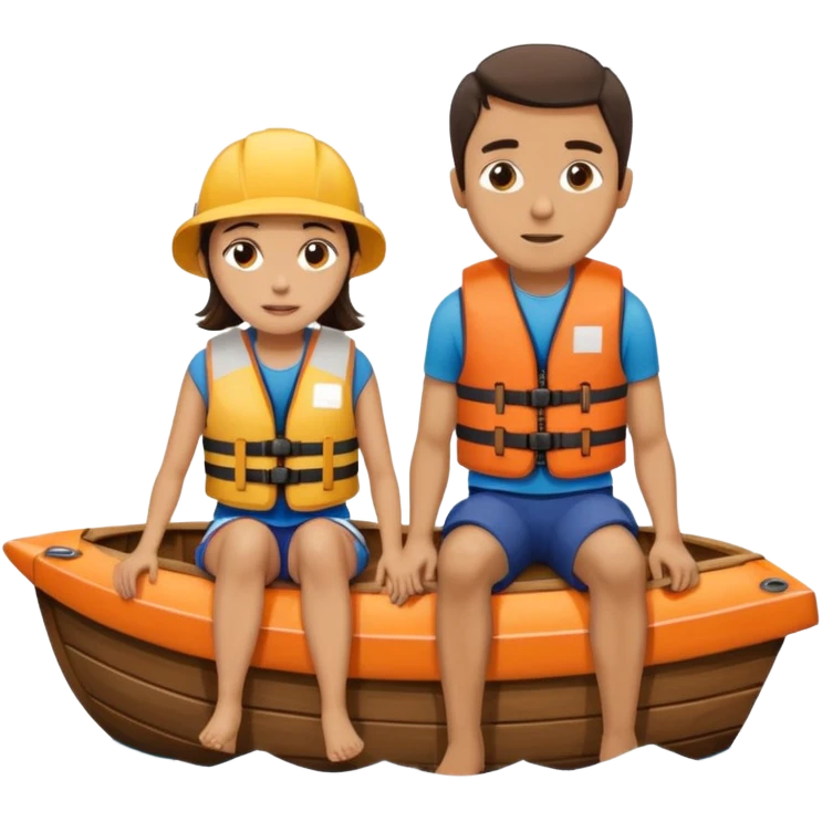 a wood boat upside down, with 2 people sitting on top trying to stay afloat. emoji