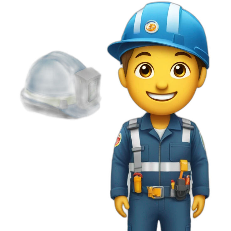 An little kid with engineer uniform. Logo “FE” as logo on his hat, laughing emoji