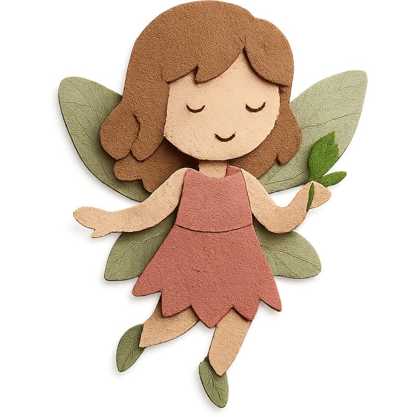fairycore girl with brown, light pink, and green fairy clothes and wings, light brown hair, textured and cute, paper craft style emoji