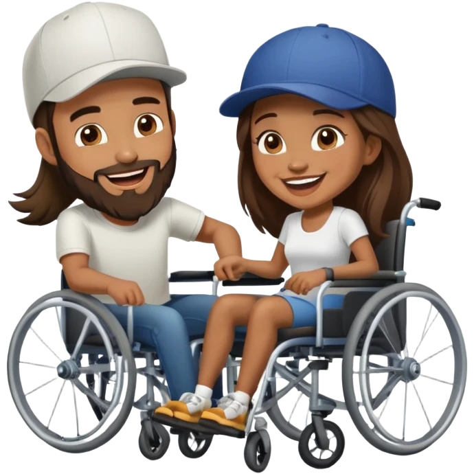 Tan skinned man with a beard and fitted cap in a wheelchair and a brown skinned woman with long dark hair in a wheelchair laughing  emoji