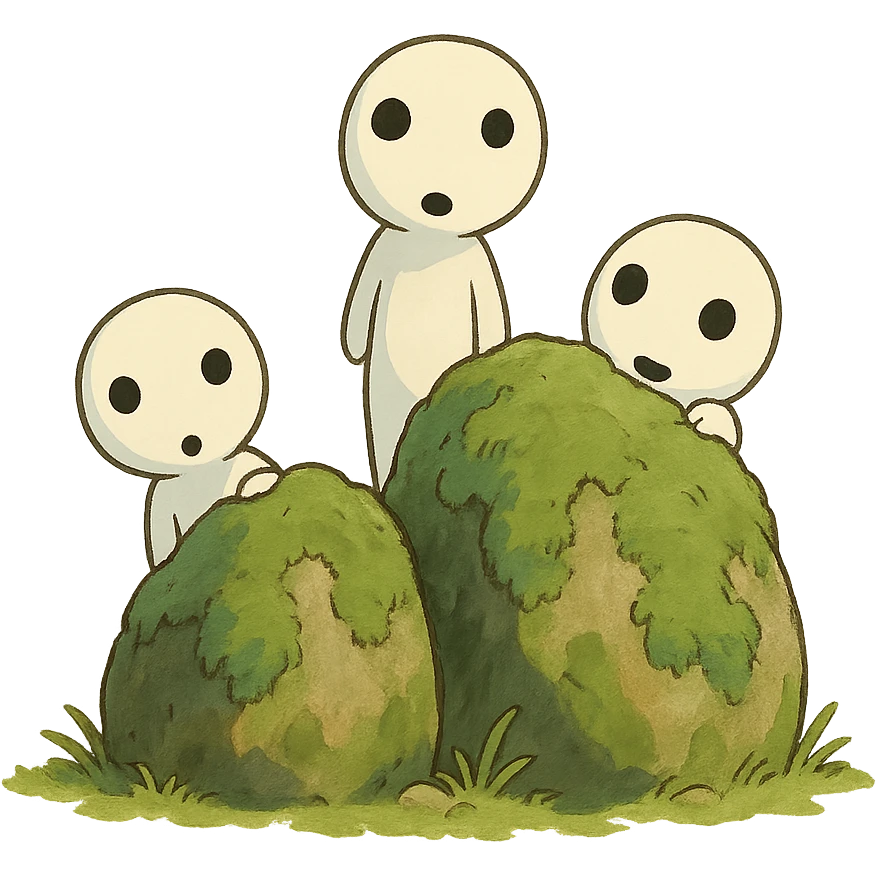 small whimsical forest spirits peeking from behind mossy rocks, playful mood, ghibli style emoji
