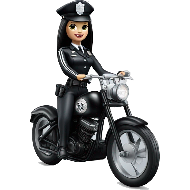 Good Time Barbie, Wednesday Addams from academy, in vertically-striped dark-gray and black London police officer’s uniform with hat. Leaning back at the hips, riding a wheelie on a hot rod bike smiling  emoji