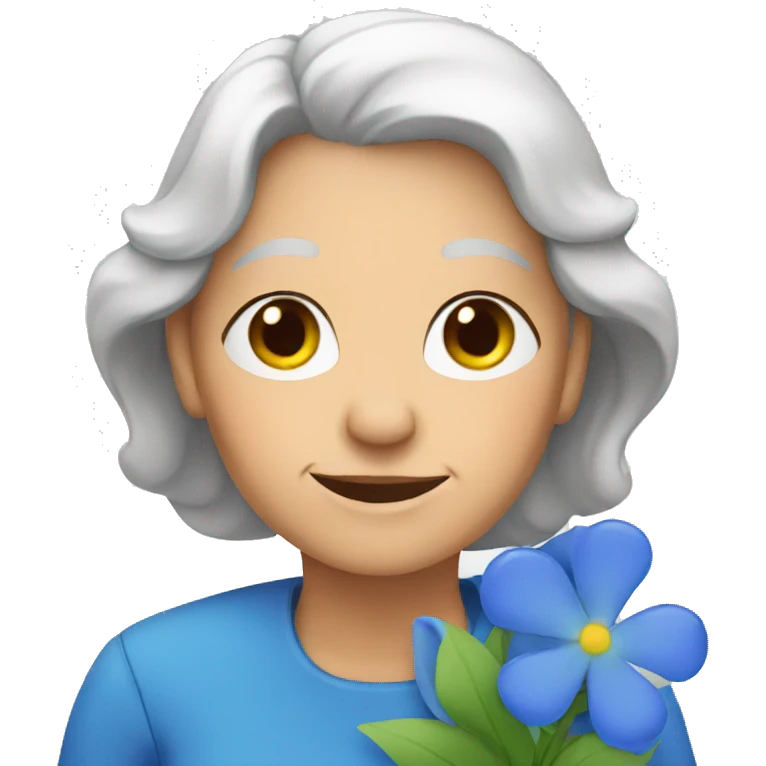 an old woman holds blue flowers emoji