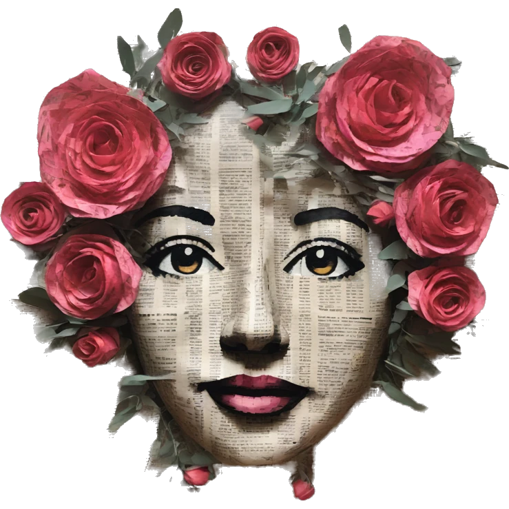 Person face portrait made entirely of newspaper cuttings and roses emoji