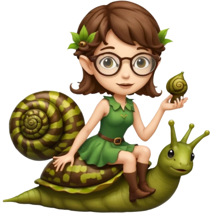 tiny forest elf woman brown wavy hair glasses riding a snail emoji