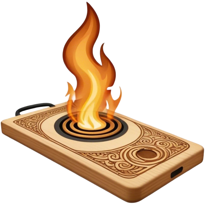 Pyrography icon, wooden board with intricate burn marks, pyrography wood burner in use, detailed patterns, minimalistic style, clean lines, transparent background. emoji