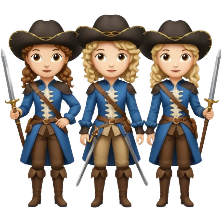 Three female musketeers ome with brown curly hair, one with blond one with blond in pony tail emoji