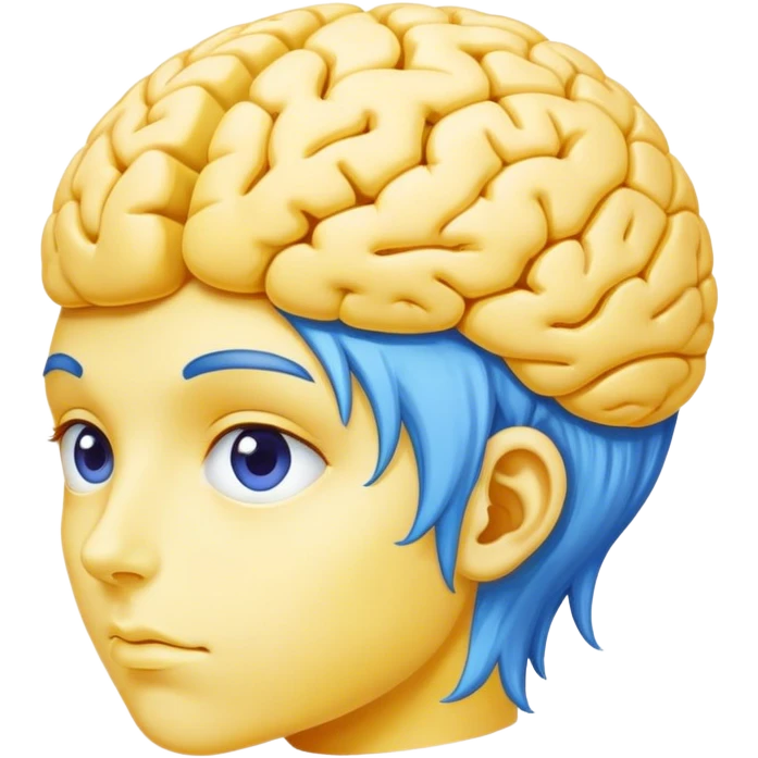 A real person face emoji, skin is emoji yellow, and hair is a blue brain emoji