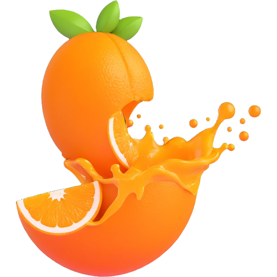 an orange being squeezed, 3D style, vibrant colors, dynamic juice flow emoji