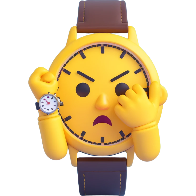 A yellow emoji face with a worried expression, looking at a wristwatch with raised eyebrows, showing urgency and stress emoji