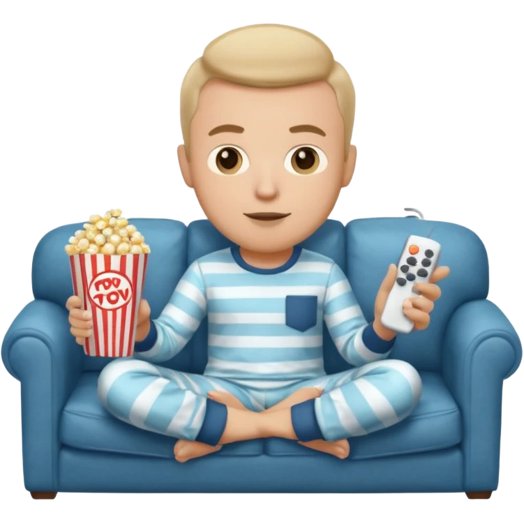 male memoji, in pajamas, sitting on couch, holding TV remote controller, relaxed face, casual home vibe, popcorn bucket on couch emoji
