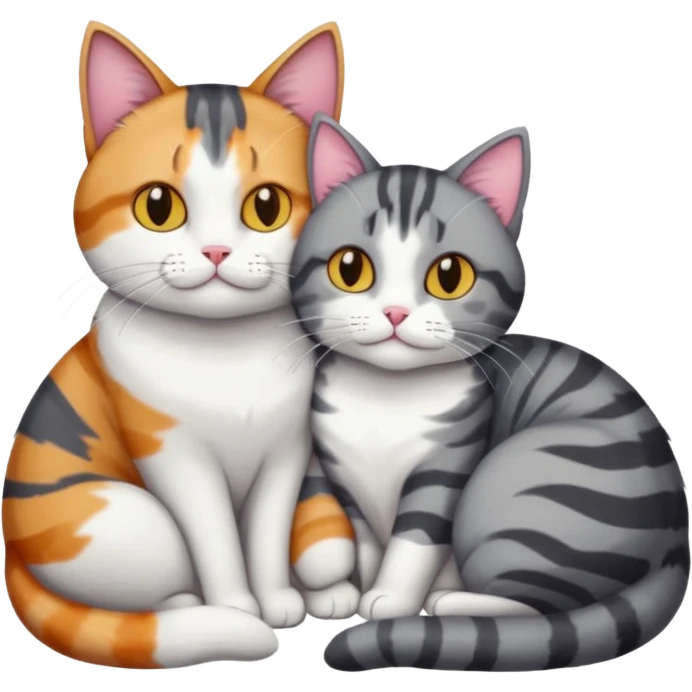 full body colourful light patched calico + white tabby cat cuddling a bigger cat that is dark grey and white tabby cat  and they are in love emoji
