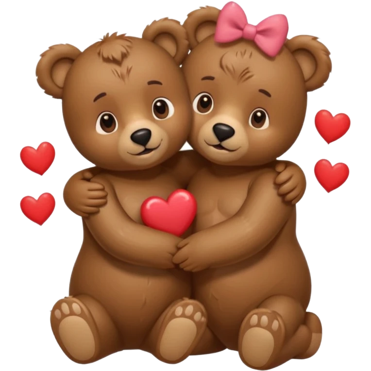 female bear with bow on her head and male bear hugging, couple, surrounded by hearts, playful and loving, cute, same height  emoji