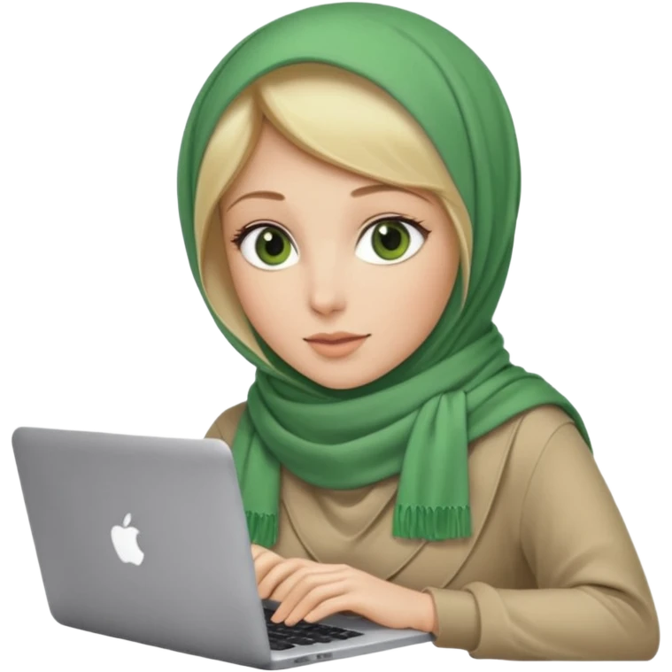 blond women skine , with green eyes , with scarf hijab ,dont show hir hair, with macbook emoji