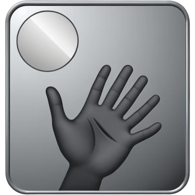 Minimalist emoji-style sticker of a mirror with a shadowy hand reaching out from within. Black and gray, flat icon, square format.

 emoji