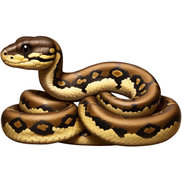 A photo-realistic digital illustration of a Ball Python, chest upward, with a short, rounded head, thick body, and a calm, curious expression. It has a warm brown base color with irregular dark blotches shaped like “alien heads,” and matte-textured scales that emphasize its small, stocky form. emoji