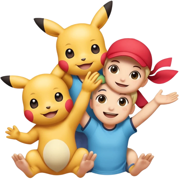 Three Pokémon characters working together as friends — bright, cheerful, and playful. They are helping each other: one is lifting another up, another is offering a hand, and they are all smiling. The style is colorful, cute, and cartoon-like, with a joyful background. emoji