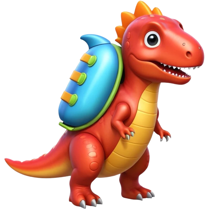 cute toy-like rocket-propelled dinosaur, rounded shapes, glossy texture, colorful rocket backpack, happy expression, 3D cartoon, mobile game icon style, clean background, no text, no watermark
 emoji