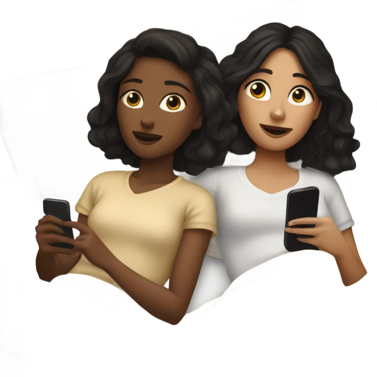 girl with  brown hair and girl with black hair on their phones laying in a bed with a beige comforter  emoji