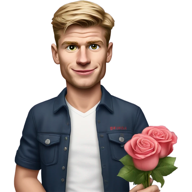 realistic photo of max verstappen in normal clothes holding roses and chocolates emoji