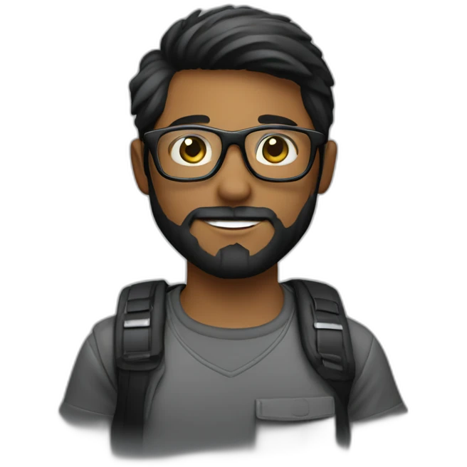 a photographer, young, black, straight hair, with a beard, wearing glasses and with a camera in his hand. Using black emoji