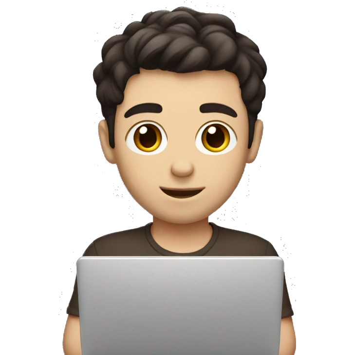 White boy, dark hair, brown eyes, mid split haircut. Developer holding a laptop. emoji
