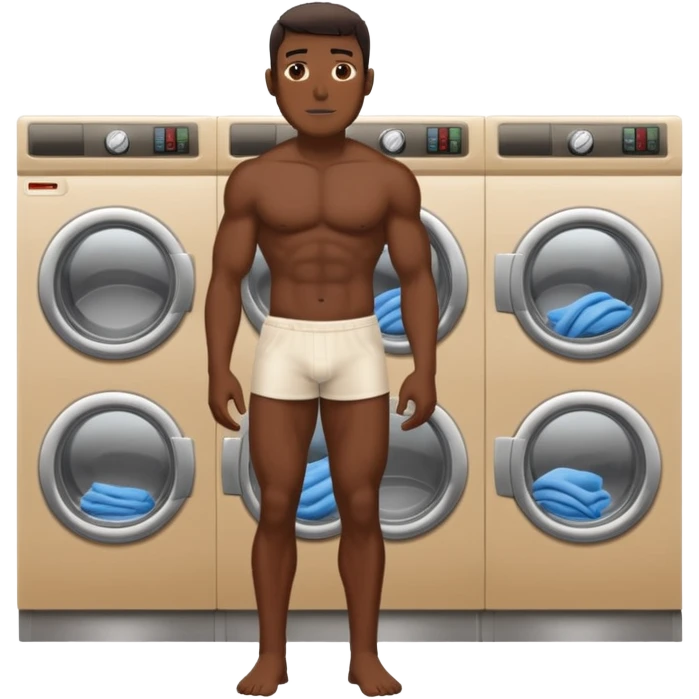 full view of a fully naked muscular dark skin man in a laundromat emoji