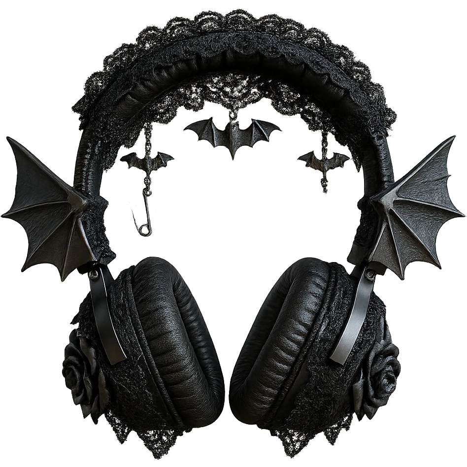 Add ornate lace, small bat wing charms, and a silver safety pin to the realistic black gothic headphones with bat wing details, lace trim, and dark roses. Keep the background transparent. Maintain the realistic black gothic style with lace and bat wing details. emoji