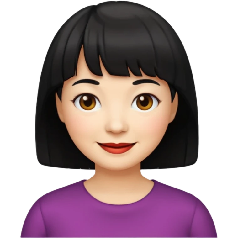 Illustrated emoji of a middle aged woman with short black hair and bangs, white skin and dark eyes emoji
