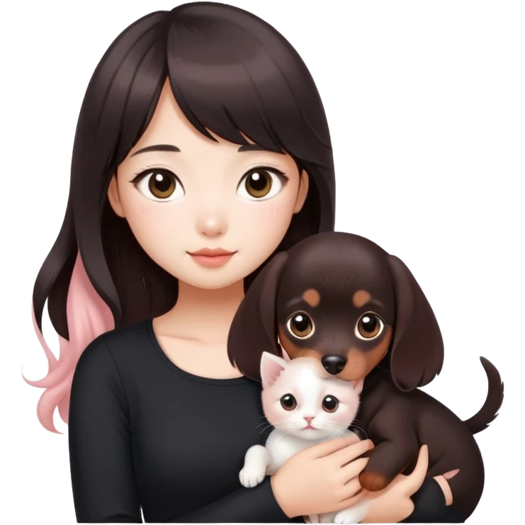 Asain girl with pink blush, wearing a black skinny top, long dark brown curled hair with straight bangs. Carrying a white kitten and a brown dashund puppy.  emoji