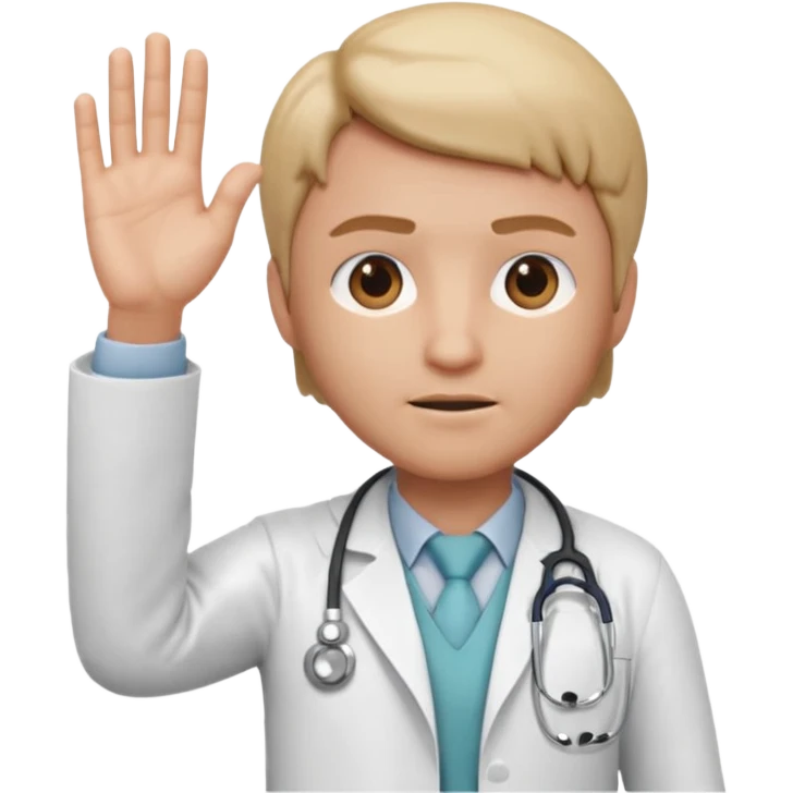 3D memoji doctor, hand raised forward in stop gesture, serious face, educational tone, white coat, stethoscope visible, centered, transparent PNG emoji
