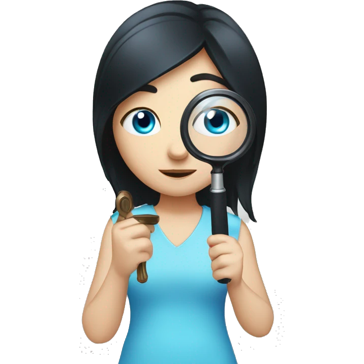 white girl with black hair and blue eyes playing with magnifying glass emoji