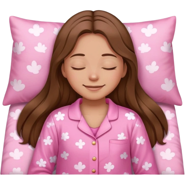 The brown long hair girl going to sleep in pink pajama with smile and closed eyes emoji
