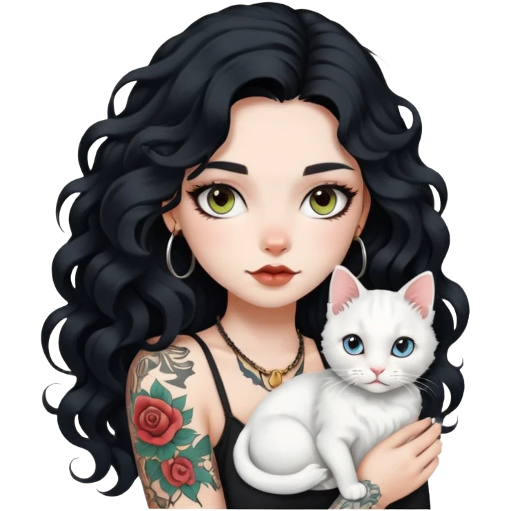 girl with long black Loose curls hair and tattoos and a white cat emoji