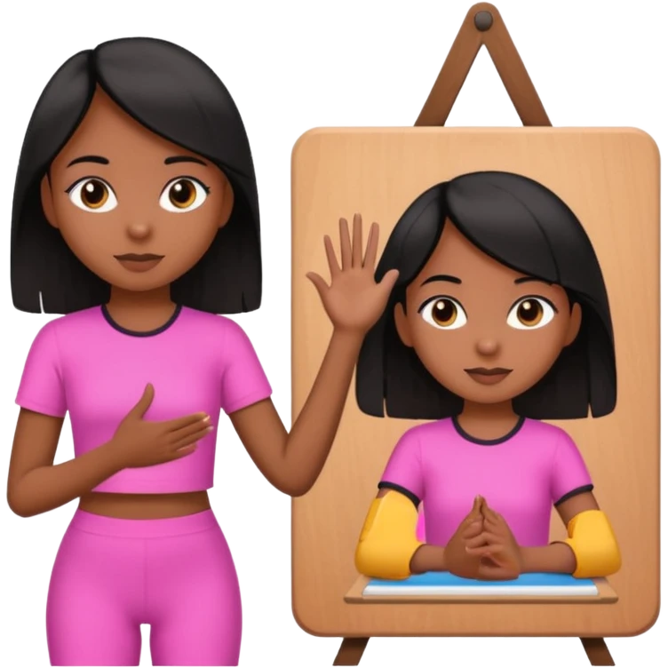 a brown skin teachers with hair that stop at elbows girl with black straight like hair wearing pink not hot pink 2 piece set teaching up on a board emoji