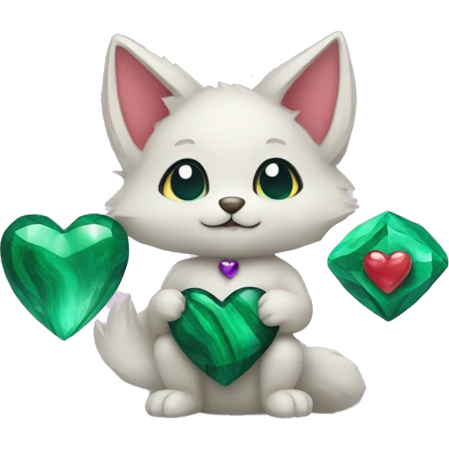 A Kitsune Holding a Malachite Heart, an Amethyst Heart and a Pearl Heart emoji