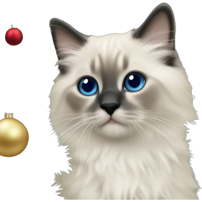 Blue colorpoint ragdoll kitten with dark nose climbing a Christmas tree emoji