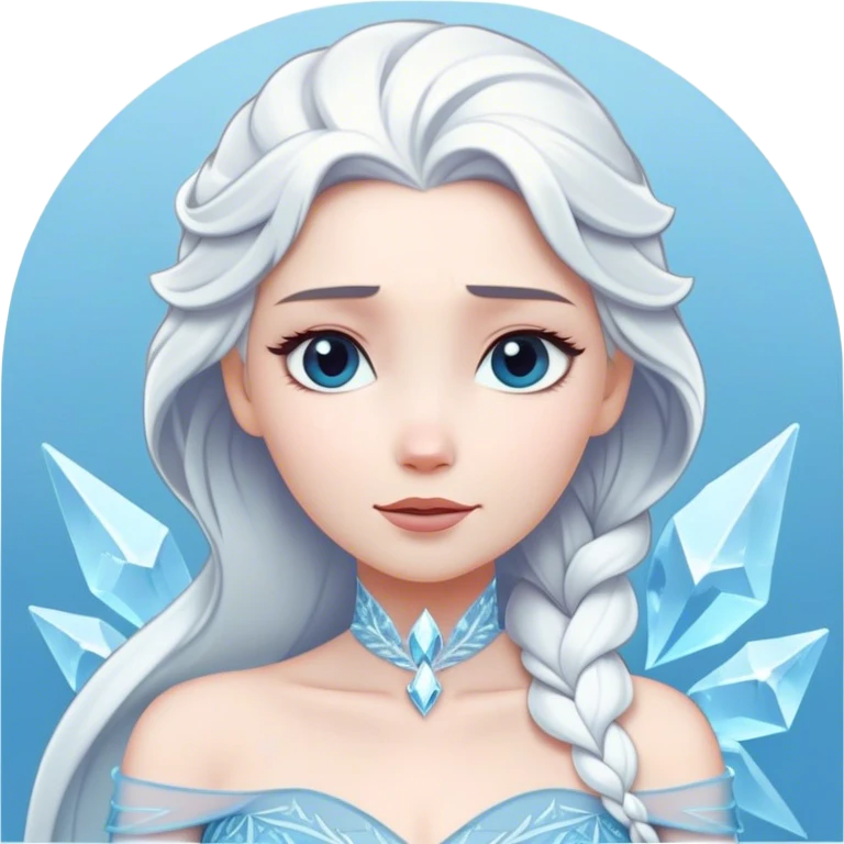 Cinematic Timeless Snow Queen Portrait Emoji, rendered in a clean, vector style. Depict Elsa with icy pale skin, intricately styled platinum hair, and a serene, regal expression, dressed in a minimalist ice-blue gown. The design features bold, simplified shapes, a soft, drowsy crystalline glow, and a subtle glowing outline, capturing the essence of timeless, majestic winter beauty. emoji