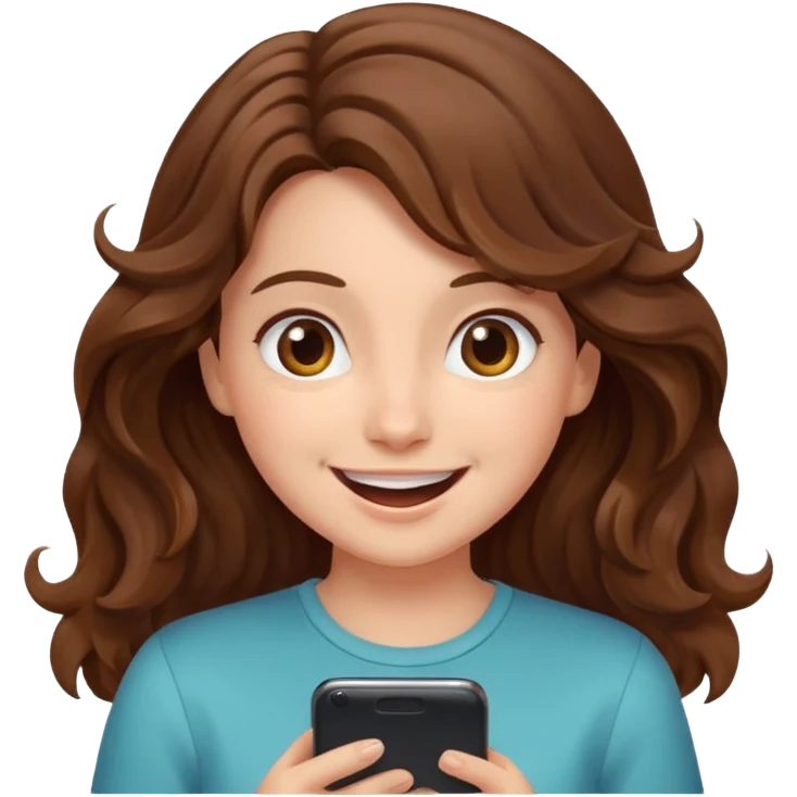 Girl with wavy brown hair Looking at phone and in love and excited and hot emoji