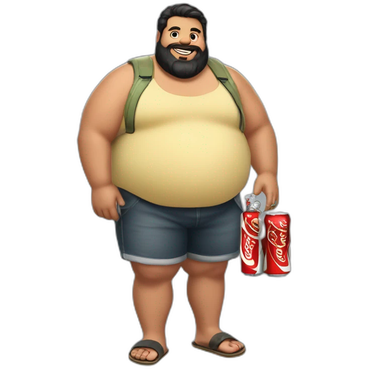 fat man in flip-flop shorts, black hair and beard holding a bottle of Coca-Cola emoji