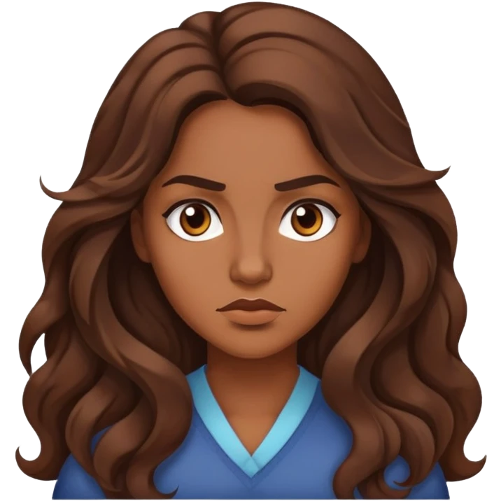 "- Nữ
- 30 tuổi
- Da nâu
- Tóc xoăn nhẹ màu nâu, dài 
- Mặt nghiêm túc
" emoji