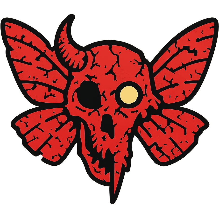 highly detailed but heavily weathered red horror icon of distorted minotaur-stoat skull fusion with broken horn and glowing eye, intricate moth wings, severely damaged with extensive scratches, torn sections, and partial deterioration, twisted and asymmetrical features, detailed bone texture where visible, some transparent areas but much more line detail, nightmarish and ancient appearance, 100% red emoji