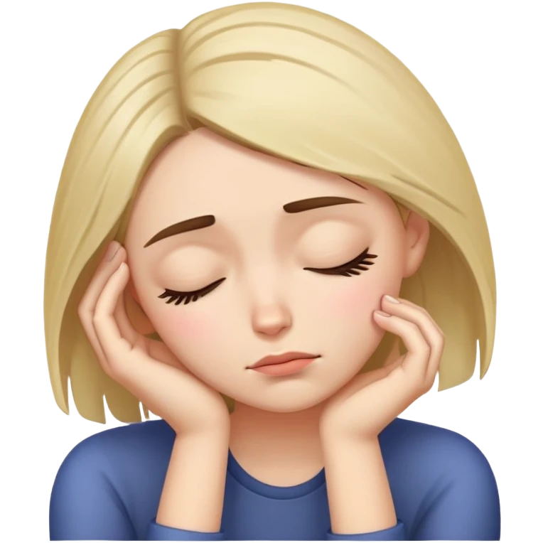 Exhausted woman with head resting on palm, looking sleepy emoji