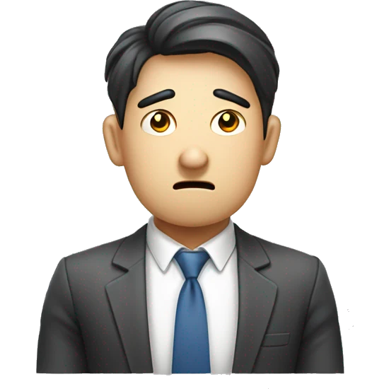 Crooked shoulders, hunched back, back pain, Korean office worker, tired and sad expression emoji