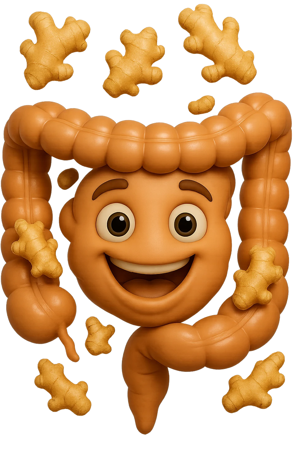 emoji stile iphone 3d di 6 piccoli pezzi di zenzero che fluttuano in aria con pezzi di colon arrotolati intorno, iperrealistico 4k emoji