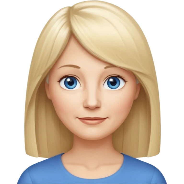 50 yr old white woman, center part bangs, very long straight blond hair, oval face, small smile, blue eyes, thin face, hair downback, hair parted at center of head, round cheeks, pale, longer hair emoji