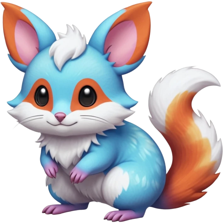  Shiny iridescent light warmly colored reddish-orange-gold-gradients neon vibrant bioluminescent colorful pastel flourishing flurry fuzzy Absol-Minccino-Furret-Zangoose-Chinchilla-Stitch-fusion-animal-Fakémon-hybrid-creature  emoji