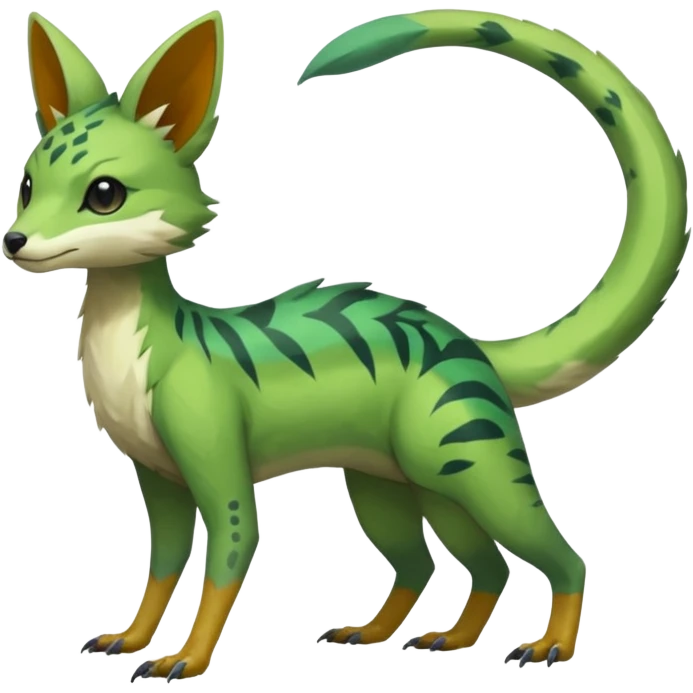  Japanese oriental asian painted Greenish beautiful handsome gorgeous aesthetic colorful vibrant Vernid-Trico-species-Fakemon-creature by LiLaiRa, 4 legs, 1 tail, random markings, (full body) emoji